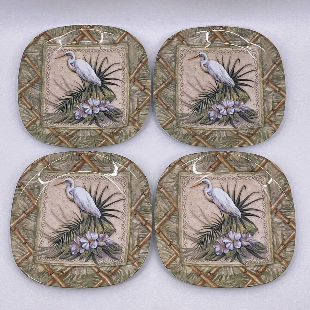 Keller Charles Melamine Dinner Plates White Ibis Bird Flowers by Kathleen Denis